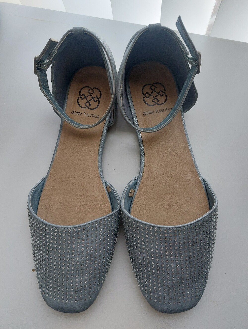 Daisy Fuentes Light Blue Rhinestone Ankle-Strap Flats